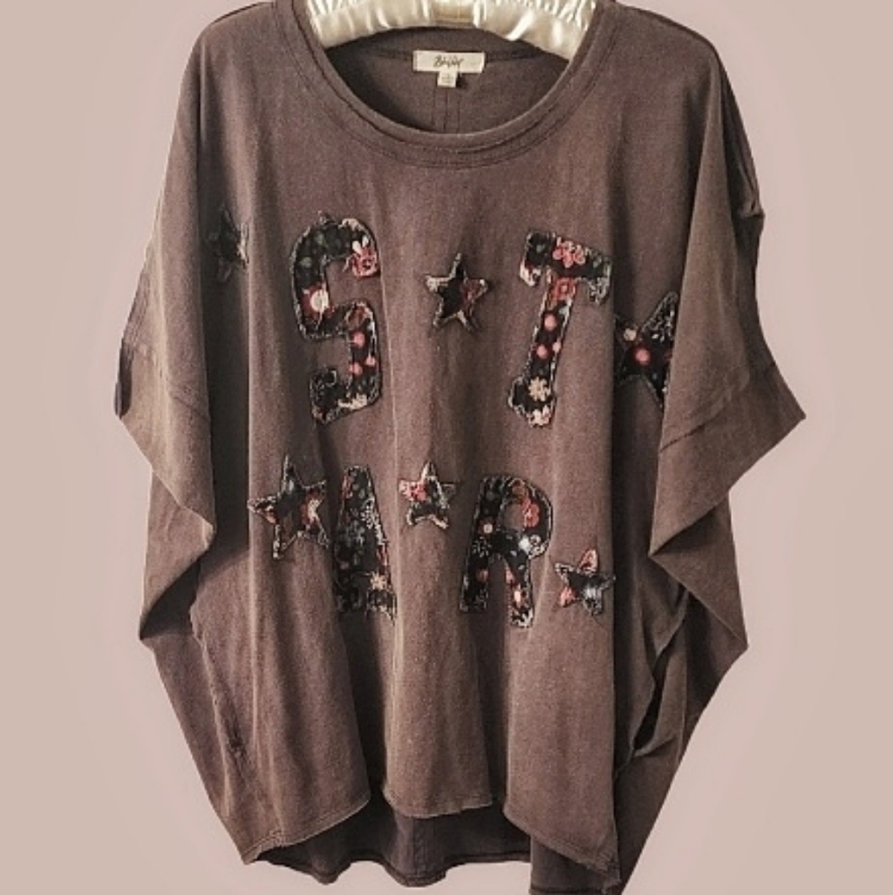Blue Velvet Floral-Appliqué Colorful Star Patchwork Top